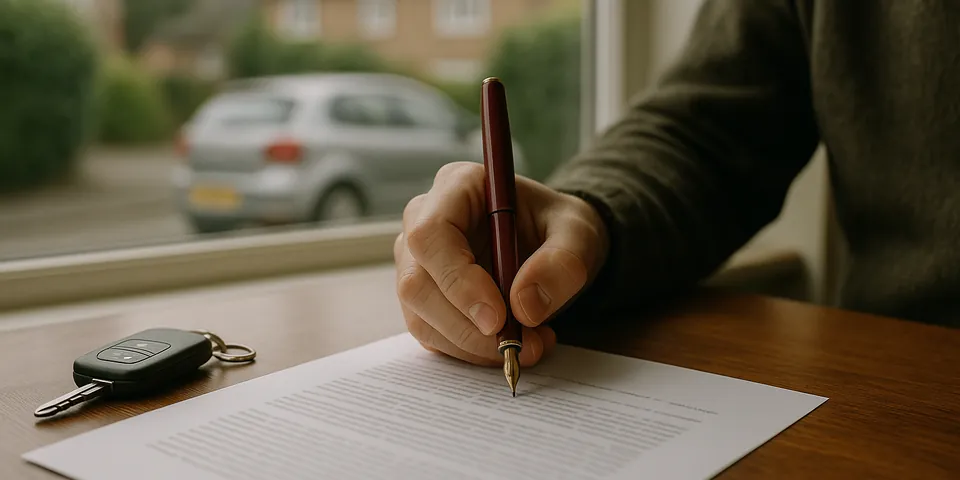 A hand signing a document with a fountain pen beside a set of car keys